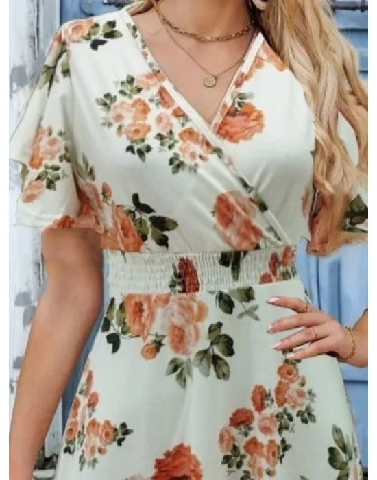 Kadın Kısa Kollu Kruvaze Yakalı Desenli Süprem Kısa Elbise