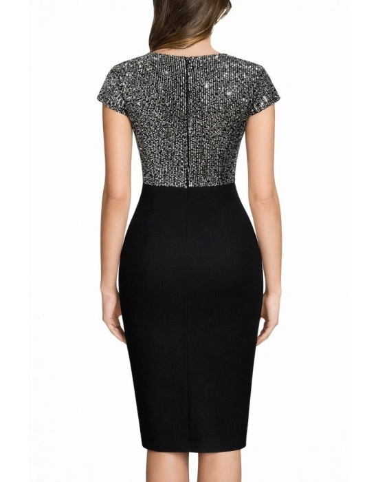 Kadın Kısa Kollu Kruvaze Yakalı ışıltı Detaylı Midi Ithal Krep Elbise
