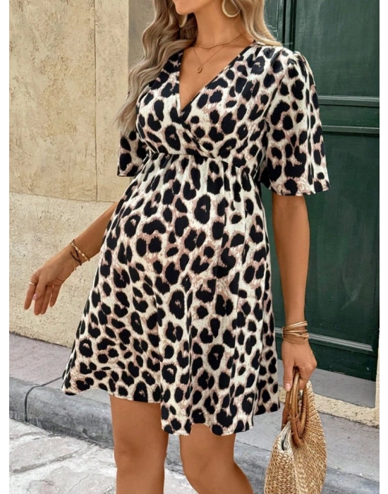 Kadın Kısa Kollu Kruvaze Yakalı Leopar Desenli Mini Süprem Elbise