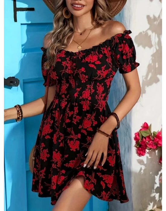 Kadın Kısa Kollu Madonna Yaka Beli Lastikli çiçek Desenli Kısa Süprem Elbise