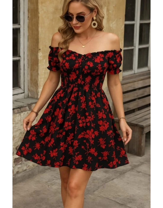 Kadın Kısa Kollu Madonna Yaka Beli Lastikli çiçek Desenli Kısa Süprem Elbise