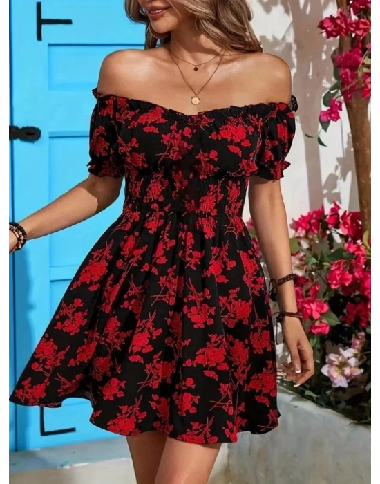 Kadın Kısa Kollu Madonna Yaka Beli Lastikli çiçek Desenli Kısa Süprem Elbise