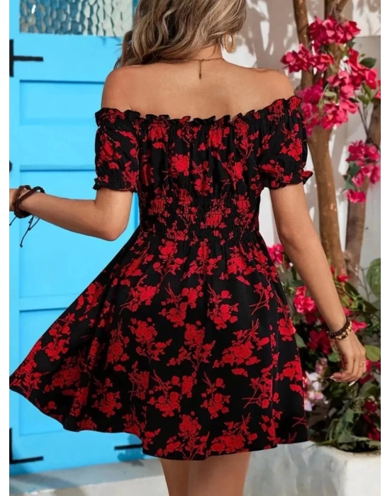 Kadın Kısa Kollu Madonna Yaka Beli Lastikli çiçek Desenli Kısa Süprem Elbise