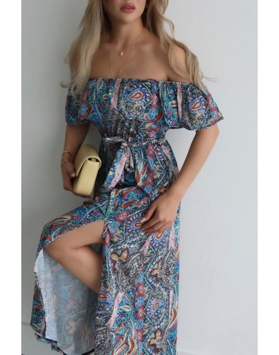 Kadın Kısa Kollu Madonna Yaka Fırfırlı Belden Yırtmaçlı Maksi Süprem Elbise
