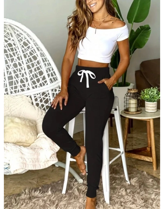 Kadın Kısa Kollu Madonna Yaka Viskon Crop Bluz Cepli Iki Iplik Eşofman Takım