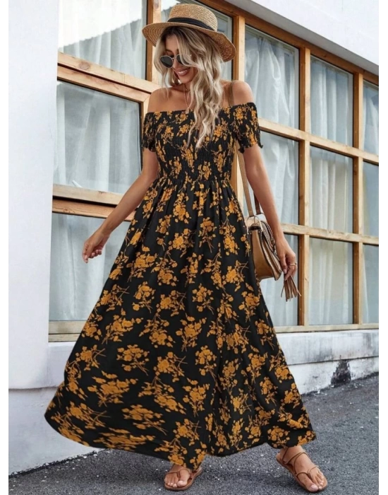 Kadın Kısa Kollu Madonna Yaka Yırtmaçlı çiçek Desenli Süprem Elbise