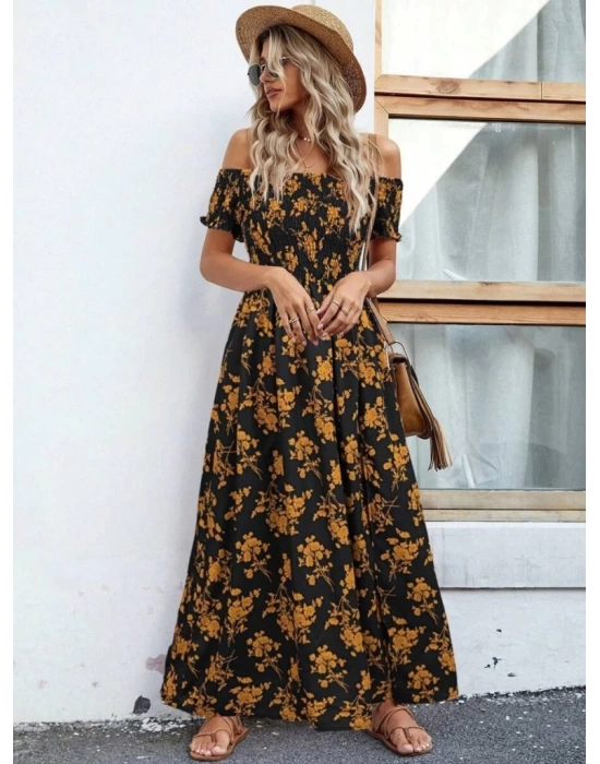 Kadın Kısa Kollu Madonna Yaka Yırtmaçlı çiçek Desenli Süprem Elbise