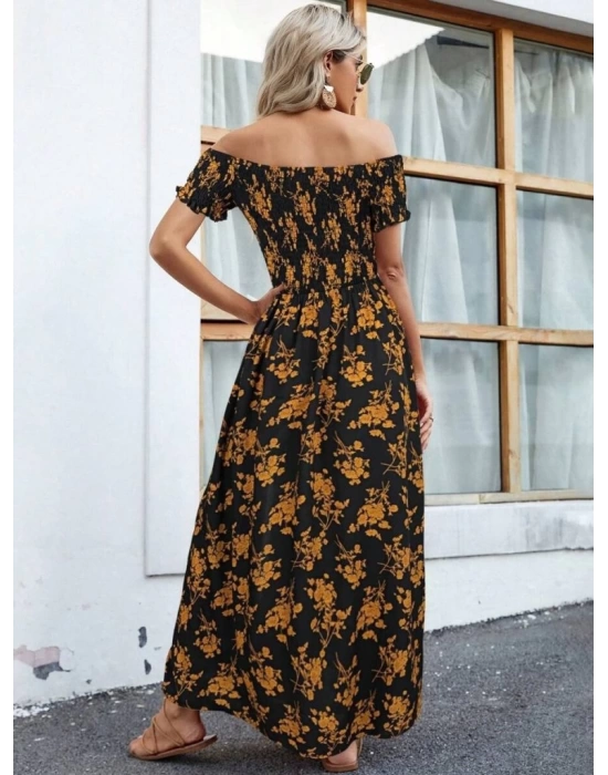 Kadın Kısa Kollu Madonna Yaka Yırtmaçlı çiçek Desenli Süprem Elbise