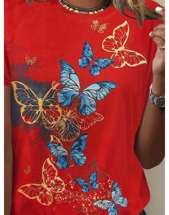 Kadın Kısa Kollu Mavi Sarı Kelebek Baskı Süprem Bluz