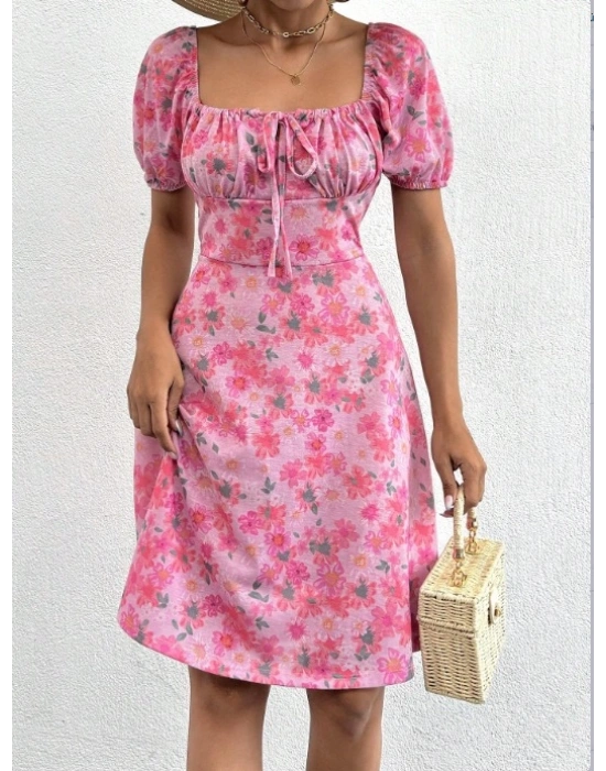 Kadın Kısa Kollu Mini çiçek Baskılı Bağcık Detay Süprem Midi Boy Elbise