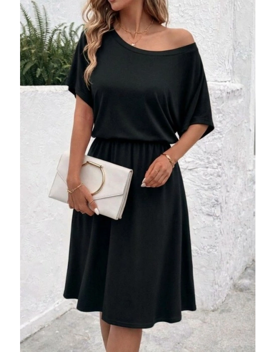 Kadın Kısa Kollu Omuzdan Açık Kiloş Midi Viskon Elbise