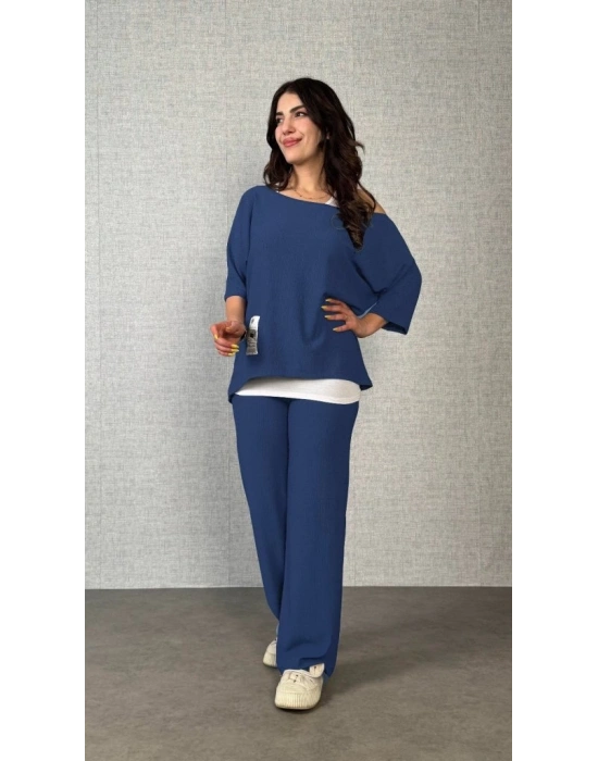 Kadın Kısa Kollu Omuzlardan Açık Yarasa Kollu Bürümcük Bluz Ve Pantolon Ve Viskon Atlet
