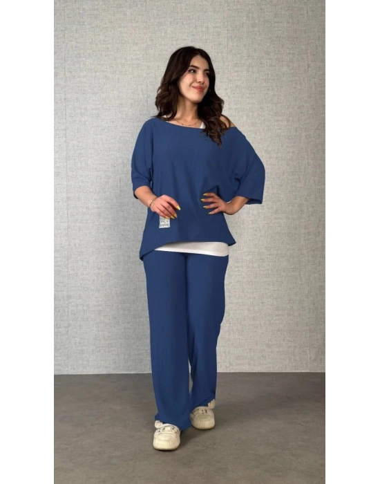 Kadın Kısa Kollu Omuzlardan Açık Yarasa Kollu Bürümcük Bluz Ve Pantolon Ve Viskon Atlet