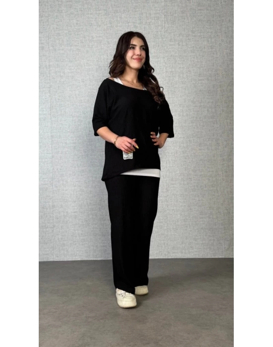 Kadın Kısa Kollu Omuzlardan Açık Yarasa Kollu Bürümcük Bluz Ve Pantolon Ve Viskon Atlet