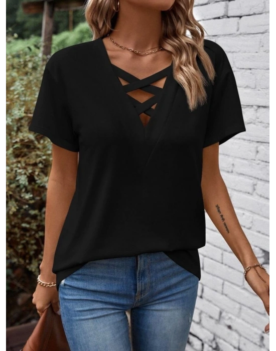 Kadın Kısa Kollu önden çapraz Detay V Yakalı Viskon Bluz