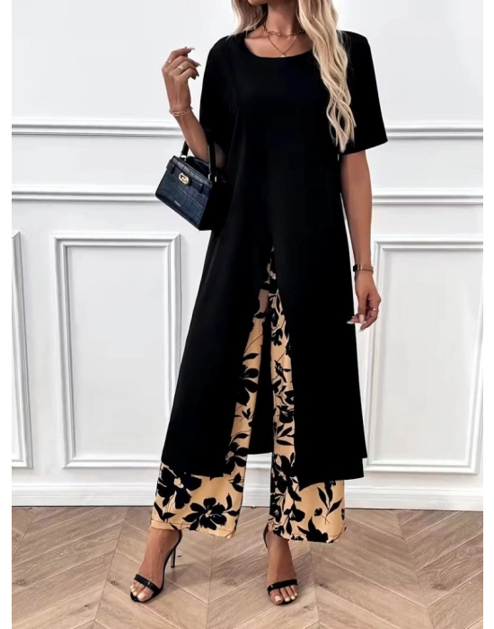 Kadın Kısa Kollu önden çapraz Detaylı Viskon Uzun Bluz Ve Desenli Iki Iplik Pantolon Ikili Takım