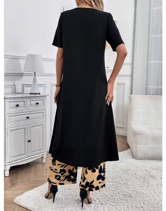 Kadın Kısa Kollu önden çapraz Detaylı Viskon Uzun Bluz Ve Desenli Iki Iplik Pantolon Ikili Takım