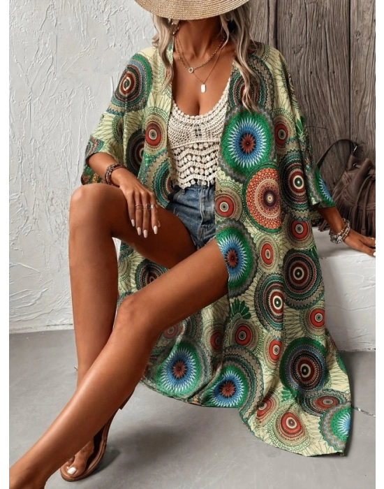 Kadın Kısa Kollu önü Açık Belden Kuşaklı Uzun Kimono