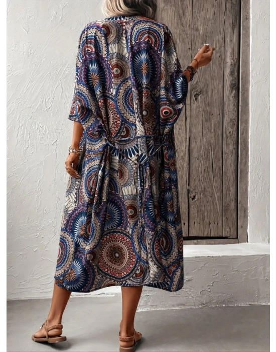 Kadın Kısa Kollu önü Açık Belden Kuşaklı Uzun Kimono
