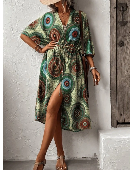 Kadın Kısa Kollu önü Açık Belden Kuşaklı Uzun Kimono
