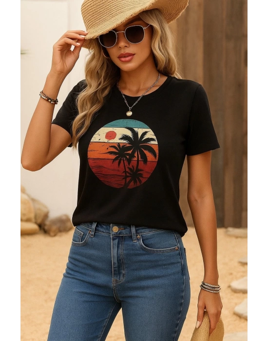Kadın Kısa Kollu Palmiye Baskılı Viskon T-shirt