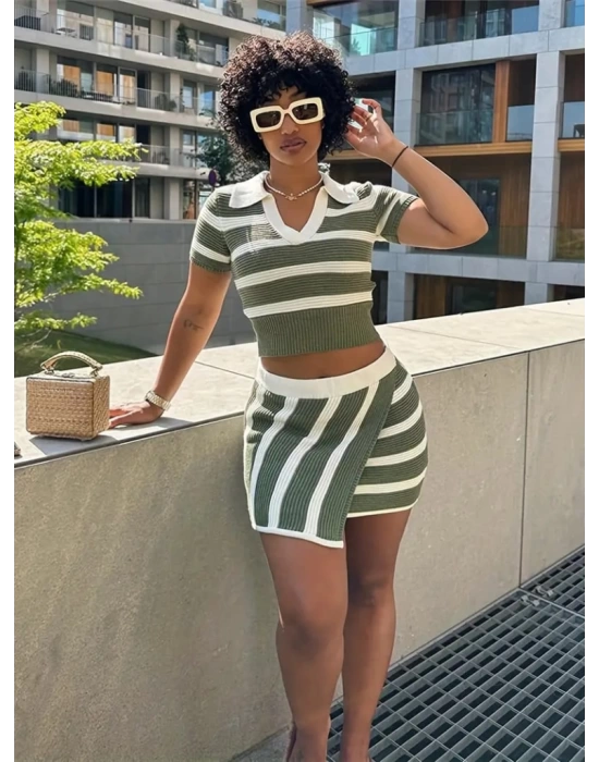 Kadın Kısa Kollu Polo Yaka Crop Asimetrik Mini Triko Etek Ikili Takım