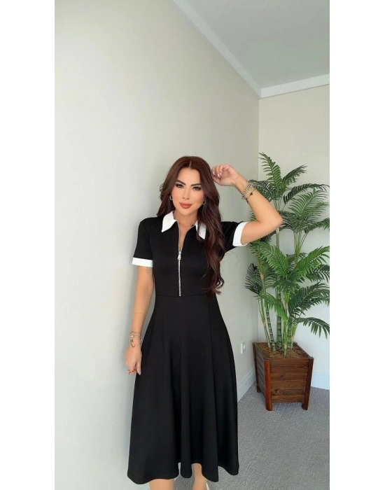 Kadın Kısa Kollu Ribana Ve Fermuar Detay Midi Boy Elbise