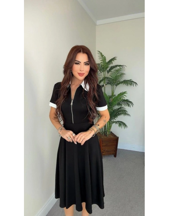 Kadın Kısa Kollu Ribana Ve Fermuar Detay Midi Boy Elbise