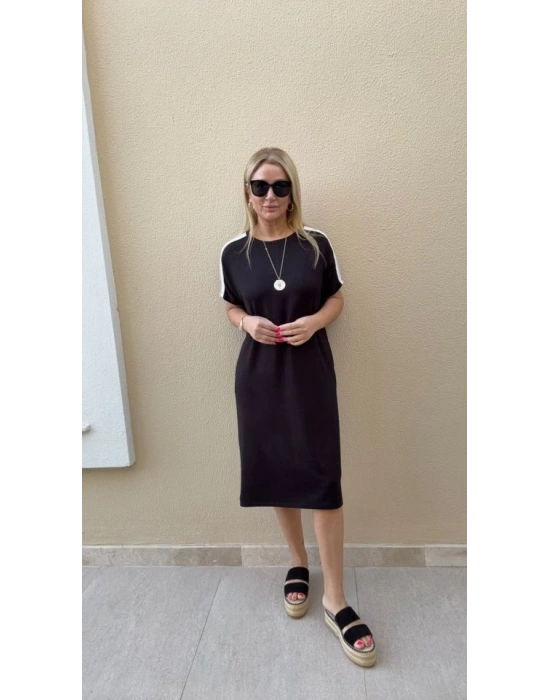 Kadın Kısa Kollu şerit Detay Midi Boy Elbise