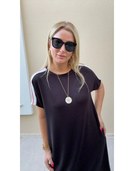 Kadın Kısa Kollu şerit Detay Midi Boy Elbise