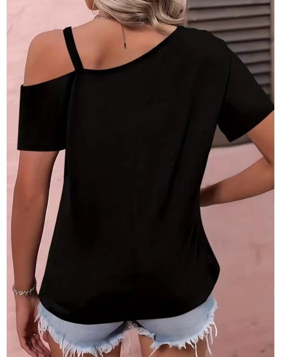 Kadın Kısa Kollu Tek Askı Detaylı Tokalı Viskon Bluz