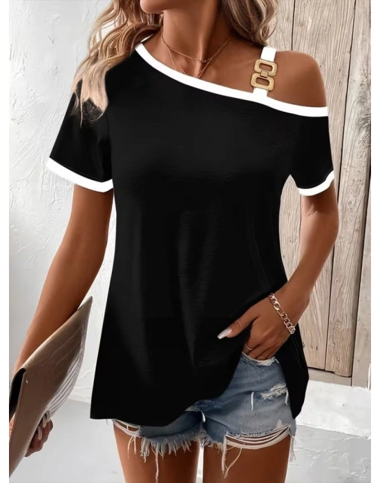 Kadın Kısa Kollu Tek Omuzu Açık Askı Toka Detaylı Viskon Bluz