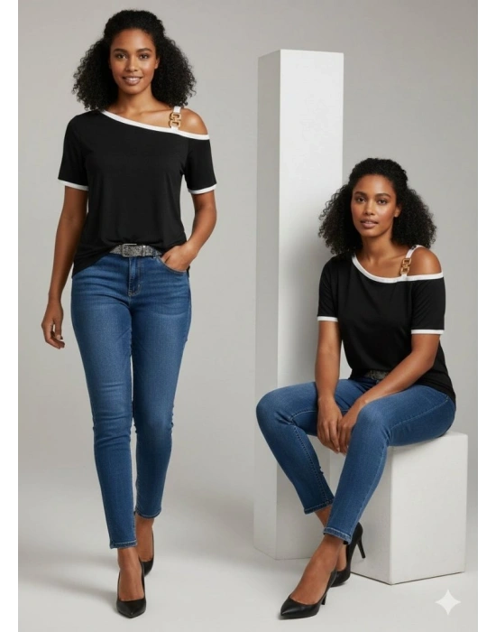 Kadın Kısa Kollu Tek Omuzu Açık Askı Toka Detaylı Viskon Bluz