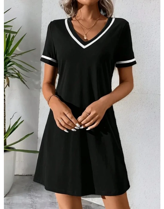 Kadın Kısa Kollu V çizgili Yakalı Kısa Viskon Elbise