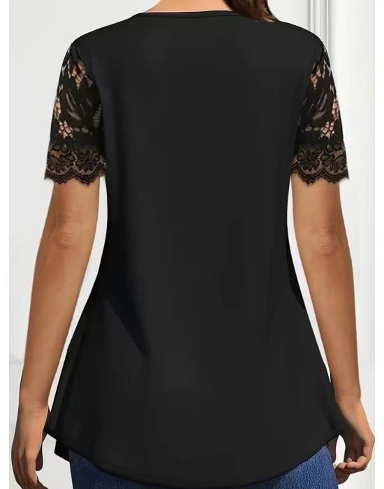 Kadın Kısa Kollu V Dantel Yakalı Düğmeli Viskon Bluz