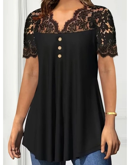 Kadın Kısa Kollu V Dantel Yakalı Düğmeli Viskon Bluz