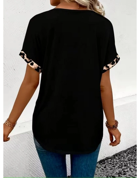 Kadın Kısa Kollu V Leopar Yakalı Viskon Bluz