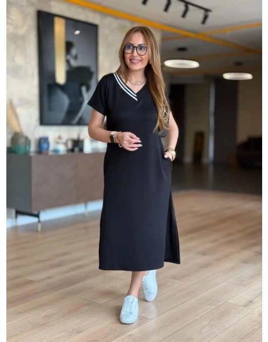 Kadın Kısa Kollu V Ribana Yakalı Yırtmaçlı Midi Viskon Iki Iplik Elbise