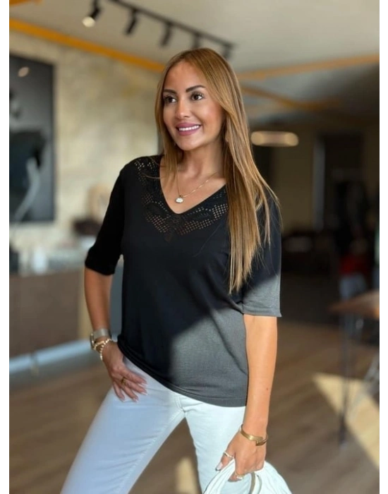 Kadın Kısa Kollu V Yaka Ajurlu Triko BluZ