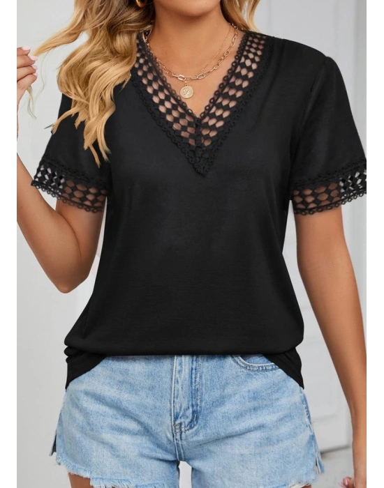 Kadın Kısa Kollu V Yaka Dantel Yakalı Viskon Bluz