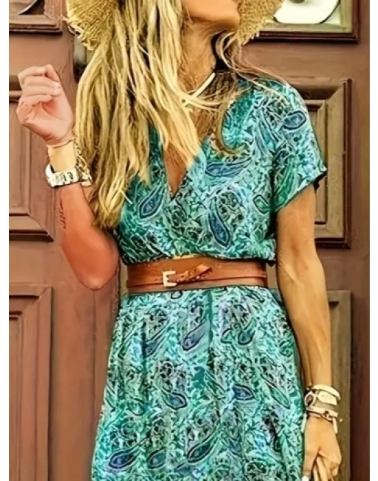 Kadın Kısa Kollu V Yaka Etnik Desenli Yırtmaç Detay Süprem Elbise (kemersiz)