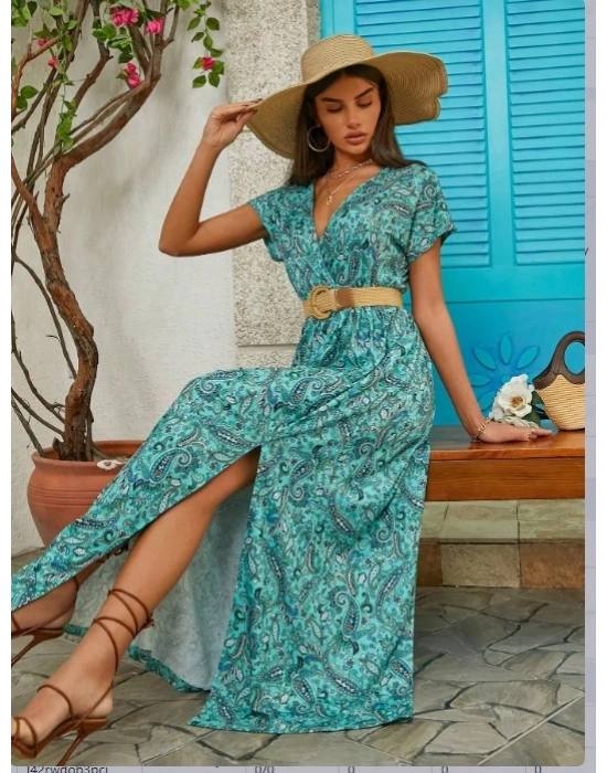 Kadın Kısa Kollu V Yaka Etnik Desenli Yırtmaç Detay Süprem Elbise (kemersiz)