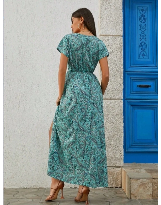 Kadın Kısa Kollu V Yaka Etnik Desenli Yırtmaç Detay Süprem Elbise (kemersiz)