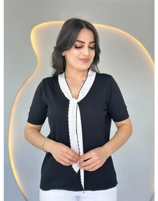Kadın Kısa Kollu V Yaka Fular Detay Merserize Triko Bbluz