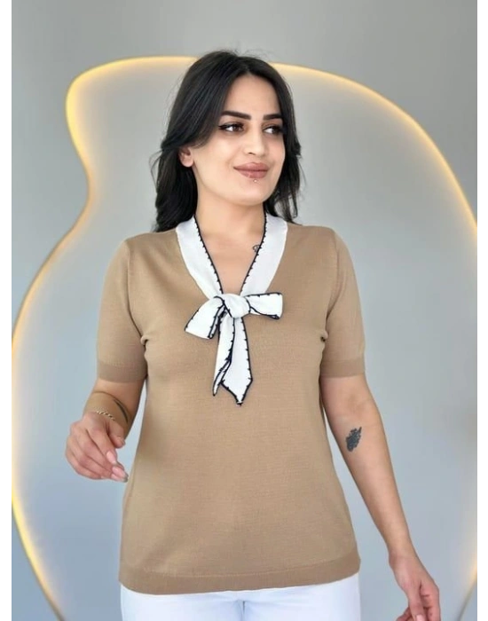 Kadın Kısa Kollu V Yaka Fular Detay Merserize Triko Bbluz