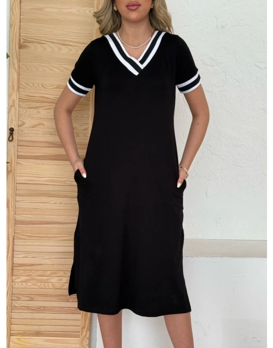 Kadın Kısa Kollu V Yaka Kol Ve Yaka Ribana Detay Midi Boy Viskon Elbise