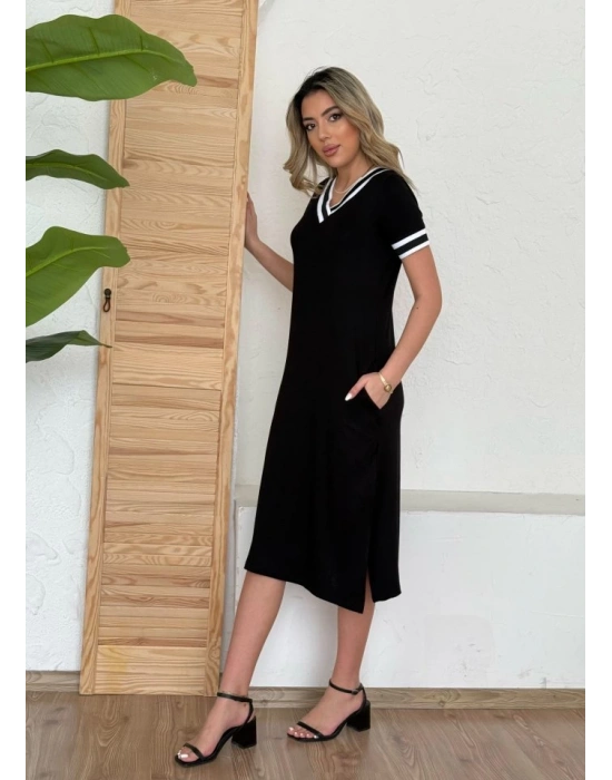 Kadın Kısa Kollu V Yaka Kol Ve Yaka Ribana Detay Midi Boy Viskon Elbise