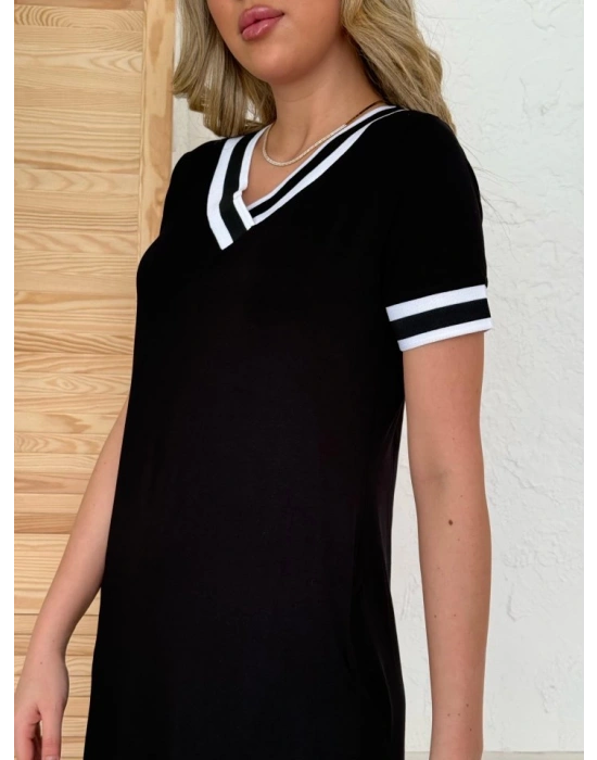 Kadın Kısa Kollu V Yaka Kol Ve Yaka Ribana Detay Midi Boy Viskon Elbise