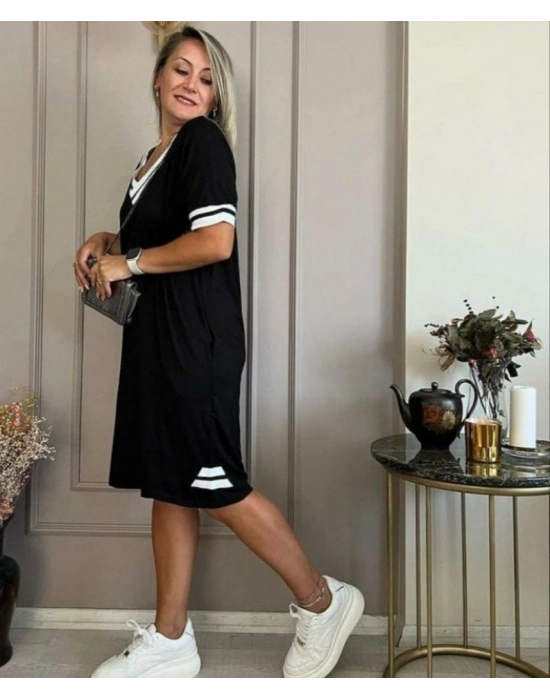 Kadın Kısa Kollu V Yaka Ribana Detaylı Cepli Dizüstü Viskon Elbise