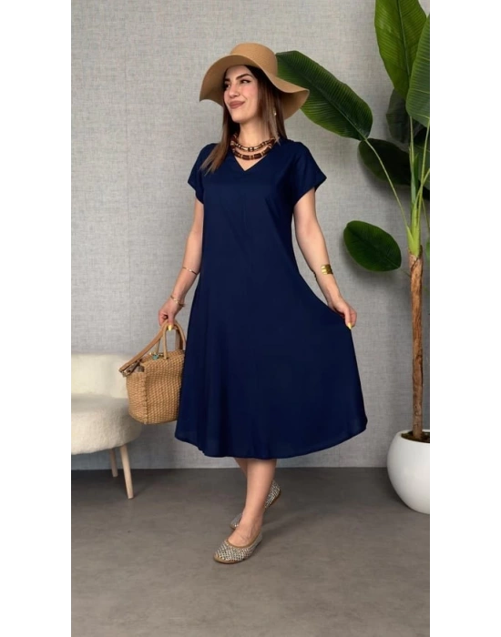 Kadın Kısa Kollu V Yaka Salaş Maxi Boy Elbise